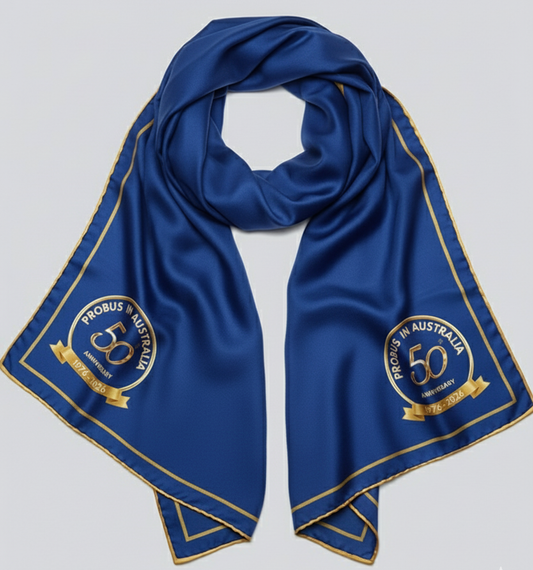 Blue scarf with gold emblem and text on a light gray background