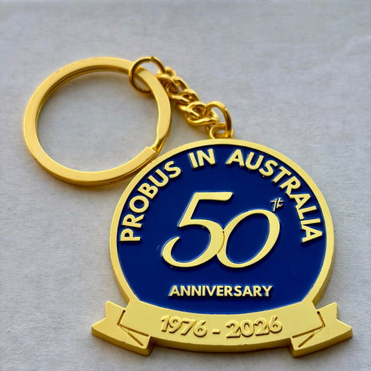 Keychain celebrating Probus in Australia's 50th anniversary with blue and gold design.