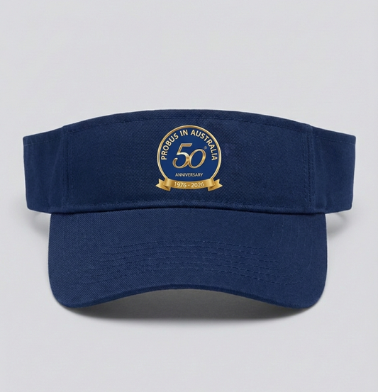 Navy blue visor with gold emblem on a light gray background
